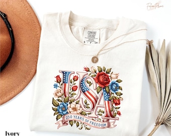 Comfort Colors USA 250 Years of Freedom Rose Shirts, Semiquincentennial Rose 250 Tees, Trendy 4th of July Gift, Floral USA Freedom Shirts