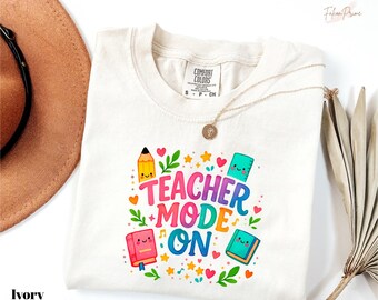 Camiseta Comfort Colors Colorful Teacher Mode On, Camisetas lindas Teacher Mode On, Camiseta divertida para el primer día de clases, Regalo para maestros, Camiseta de regreso a clases
