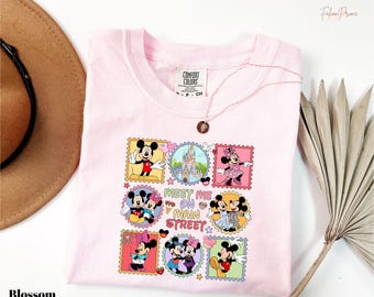 Comfort Colors Meet Me on Main Street Tees, Mickey And Friends Shirt, Retro Disney Main Street T-Shirt, Disney Character Collage Shirt