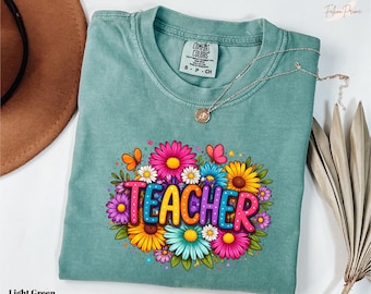 Camiseta Comfort Colors con estampado floral colorido para profesoras, regalo retro de agradecimiento para profesoras, camiseta para profesoras de jardín de infancia, camiseta de regalo moderna para profesoras.