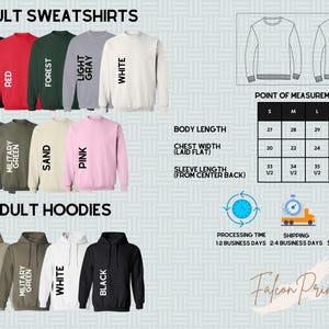 Puede incluir: Sudaderas y sudaderas con capucha para adultos en varios colores, incluyendo negro, rojo, verde bosque, gris claro, blanco, gris oscuro, verde militar, arena y rosa. La imagen tambi&eacute;n incluye una tabla de tallas con medidas en pulgadas.