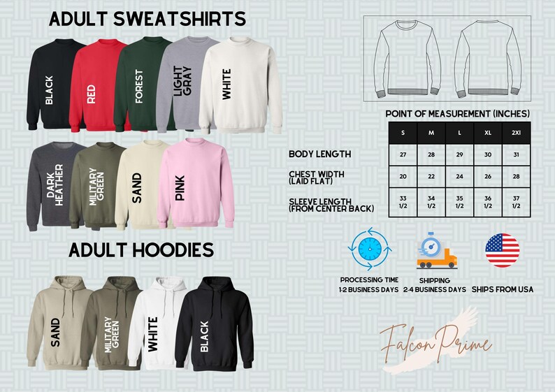 Puede incluir: Sudaderas y sudaderas con capucha para adultos en varios colores, incluyendo negro, rojo, verde bosque, gris claro, blanco, gris oscuro, verde militar, arena y rosa. La imagen tambi&eacute;n incluye una tabla de tallas con medidas en pulgadas.