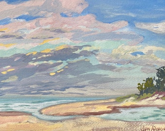 Day 24, Indiana Dunes - Sunset Painting -  Gouache on paper in gouache. Plein Air, 6 x 9 Original artwork OOAK Painting