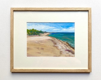 Framed Original Painting - Frame size 11 x 14 Title - Day four Indiana Dunes - Beach Art -  Gouache on paper, Plein Air Ocean Art waves