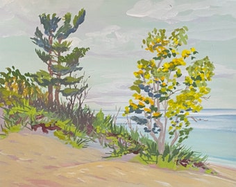 Autumn Arrives Lake Michigan - Painting on paper in gouache. Plein Air, 6.5 x 7.5 Original artwork OOAK