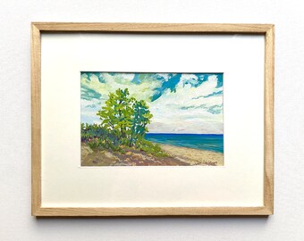 Day 21 Cottonwood Dune - Beach Art. Lake Art - Indiana Dunes -  Framed Art. 11x14 wall art. Gouache on paper. Plein Air,  Original OOAK