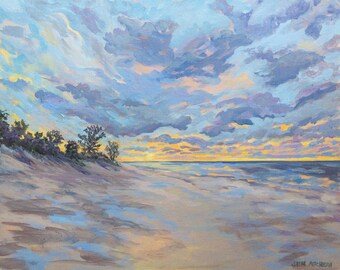 Lake Michigan Sunset - Acrylic Painting 16x20 ooak sunset art original art beach painting Jen Aitchison