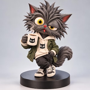 Pode incluir: Uma figura estilizada de um gato cinzento-escuro felpudo com olhos amarelos grandes, vestindo um capuz branco com um gráfico de cara de gato, um casaco verde e calças escuras. O gato segura uma caneca branca com uma estampa de cara de gato.