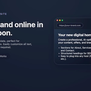 Może przedstawiać: Ciemnoniebieski projekt szablonu strony internetowej z tekstem "Uruchom swoją markę online w jedno popołudnie". Projekt zawiera przycisk wezwania do działania i makietę strony internetowej z tekstem "Twój nowy cyfrowy dom".