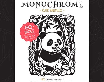 Monochrome Coloring Book | 50 Animal Designs (PDF & PNG)