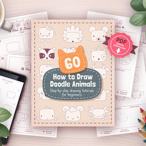 May include: A book titled "How to Draw Doodle Animals" with step-by-step drawing tutorials for beginners. The cover features cartoon animal illustrations. A smartphone, coffee cup, and colored pencils are also visible.