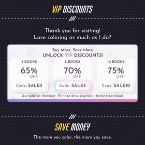 May include: A digital graphic featuring VIP DISCOUNTS with three tiers: 3 books for 65% off with code SALE3, 5 books for 70% off with code SALE5, and 10 books for 75% off with code SALE10. The text includes Buy More, Save More, UNLOCK VIP DISCOUNTS, and SAVE MONEY.
