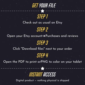 May include: A dark blue informational graphic with white and yellow text detailing four steps to download a digital file. The text reads: GET YOUR FILE, STEP 1 Check out as usual on Etsy, STEP 2 Open your Etsy account, STEP 3 Click Download files, STEP 4 Open the PDF to print or PNG to color on your tablet, INSTANT ACCESS Digital product.