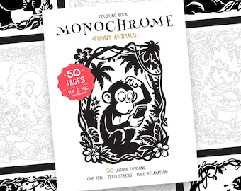 Funny Animals Monochrome Coloring Book | 50 Stress Relief One-Color Designs (PDF & PNG)