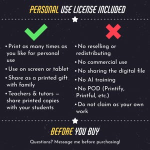 May include: A dark background informational graphic titled PERSONAL USE LICENSE INCLUDED. It lists permitted uses with a green checkmark, including personal printing, screen use, and sharing with family or students, and prohibited uses with a red X.