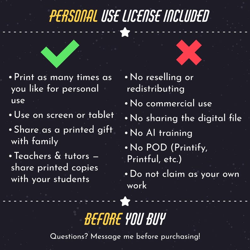 May include: A dark background informational graphic titled PERSONAL USE LICENSE INCLUDED. It lists permitted uses with a green checkmark, including personal printing, screen use, and sharing with family or students, and prohibited uses with a red X.