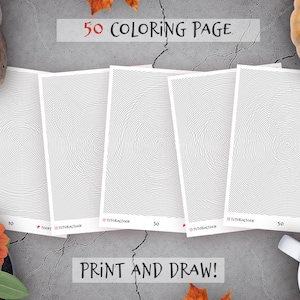 May include: A collection of 50 coloring pages with concentric circle designs, arranged with a skull, pumpkin, fall leaves, and a cup of tea. The text "PRINT AND DRAW!" is visible.