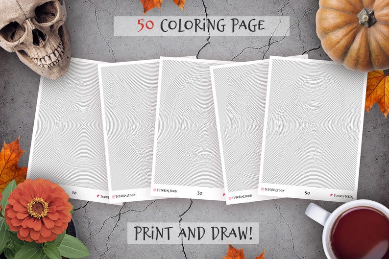 May include: A collection of 50 coloring pages with concentric circle designs, arranged with a skull, pumpkin, fall leaves, and a cup of tea. The text "PRINT AND DRAW!" is visible.