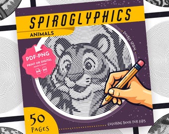 Może przedstawiać: Kwadratowa kolorowanka zatytułowana Spiroglyphics Animals zawierająca 50 stron. Fioletowa okładka przedstawia czarno-białą spiralną ilustrację tygrysa, żółty baner oraz różową odznakę z napisem PDF-PNG Print or Digital.