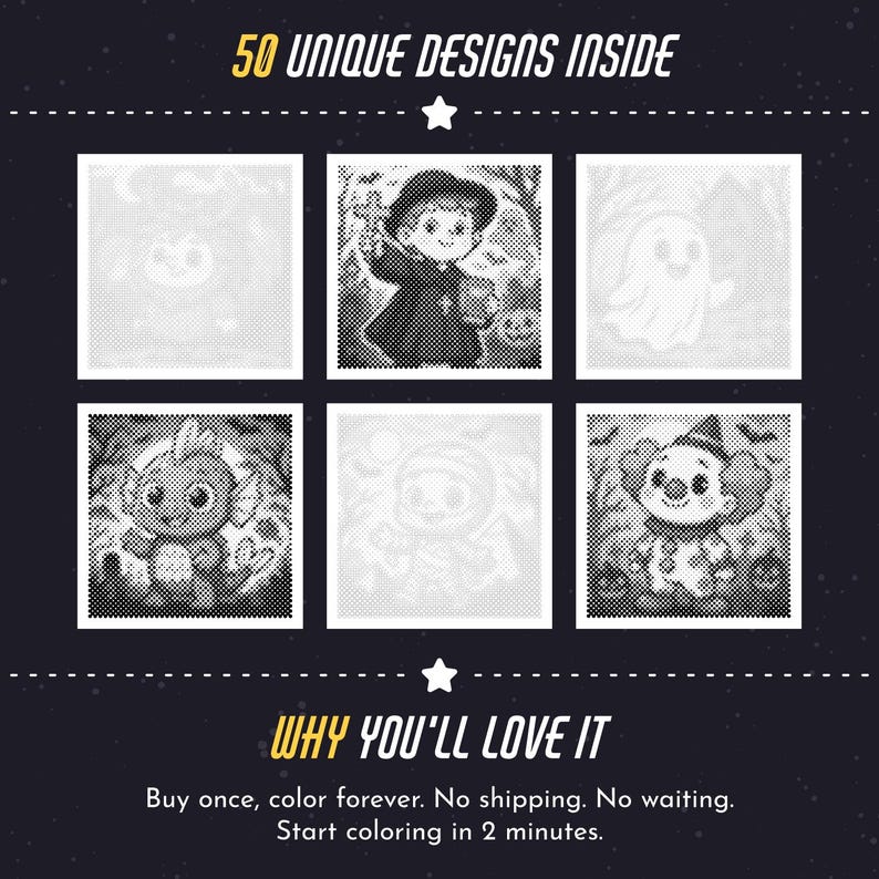 May include: A digital coloring book collection featuring 50 unique designs inside. The layout displays six square panels with black and white illustrations of characters including a ghost, a clown, and a monster. Text reads 50 UNIQUE DESIGNS INSIDE and WHY YOU'LL LOVE IT.