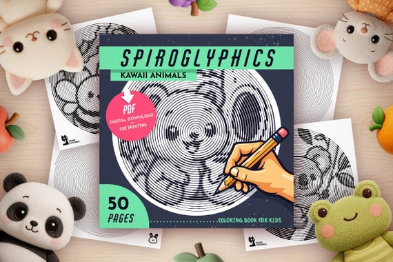 Spiroglyphics Kawaii Animals Coloring Pages For Kids: 50 Relaxing Spiral Patterns (PDF Worksheets)