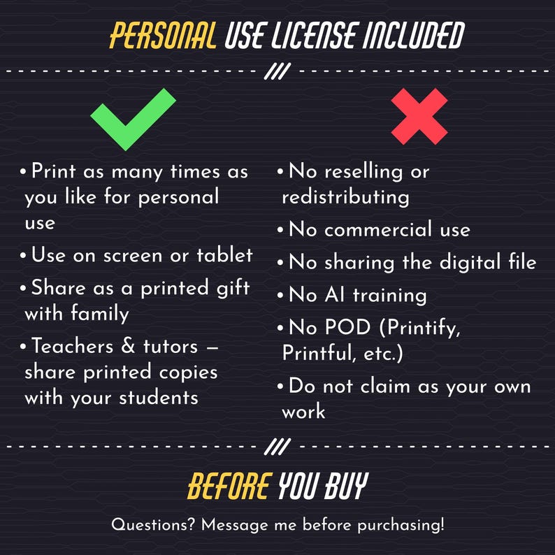 May include: A digital licence information graphic with a dark background. The text reads: PERSONAL USE LICENCE INCLUDED. A green checkmark lists permitted uses: print for personal use, use on screens, share printed gifts, and share with students. A red X lists prohibited uses: no reselling, commercial use, file sharing, AI training, POD, or claiming as own. The bottom text reads: BEFORE YOU BUY. Questions? Message me before purchasing!
