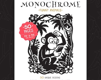 Funny Animals Monochrome Coloring Book | 50 Stress Relief One-Color Designs (PDF & PNG)