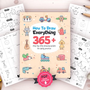 May include: A set of drawing guides and a book titled "How to Draw Everything 365+". The book features colourful illustrations of various objects and characters. Surrounding the book are several drawing practice sheets with step-by-step instructions.