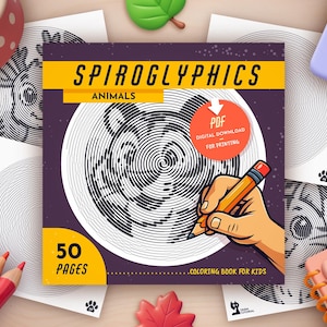 Könnte beinhalten: Ein Spiroglyphics Animals Malbuch für Kinder mit einer Hand, die einen Bleistift hält, umgeben von Buntstiften, einem Hundenapf und herbstlichen Dekorationen. Das Buchcover zeigt ein spiralförmiges Tierdesign und den Text "50 PAGES".