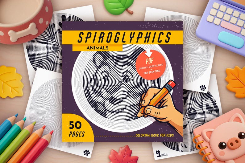 Peut inclure: Un livre de coloriage Spiroglyphics Animaux pour enfants, avec une main tenant un crayon, entour&eacute; de crayons de couleur, d'une gamelle pour chien et d'&eacute;l&eacute;ments d&eacute;coratifs sur le th&egrave;me de l'automne. La couverture du livre pr&eacute;sente un motif animal en spirale et le texte "50 PAGES".