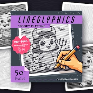 May include: A colouring book titled LINEGLYPHICS SPOOKY PLAYTIME featuring 50 pages of line art illustrations. The cover displays a cartoon devil character, a pink badge indicating PDF and PNG digital formats, and text noting 10 line styles.