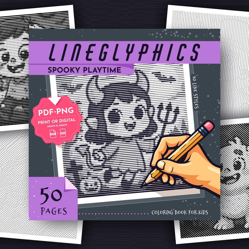May include: A colouring book titled LINEGLYPHICS SPOOKY PLAYTIME featuring 50 pages of line art illustrations. The cover displays a cartoon devil character, a pink badge indicating PDF and PNG digital formats, and text noting 10 line styles.