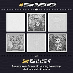 May include: A digital colouring book collection featuring 50 unique designs. The layout displays six square panels, three of which show black and white line art illustrations of a character with a bell, a gargoyle, and a hiker, while others appear as textured patterns.
