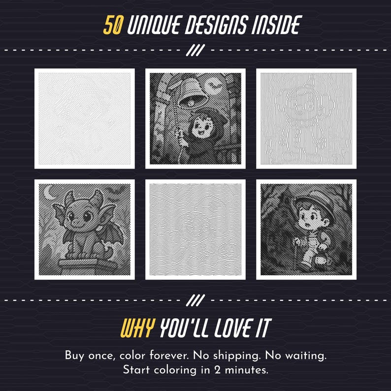 May include: A digital colouring book collection featuring 50 unique designs. The layout displays six square panels, three of which show black and white line art illustrations of a character with a bell, a gargoyle, and a hiker, while others appear as textured patterns.