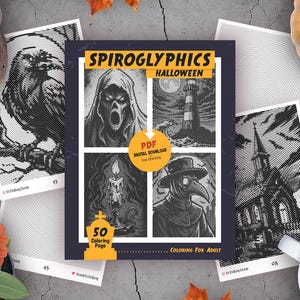Spiroglyfer Halloween målarbilder för vuxna: 50 avkopplande spiralmönster (PDF-arbetsblad)