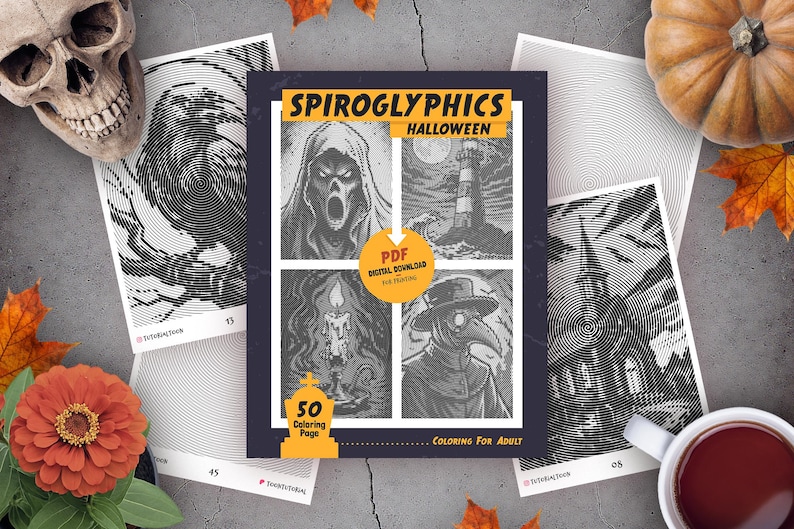 May include: A Halloween-themed Spiroglyphics coloring book for adults, featuring 50 pages of intricate designs. The cover displays four grayscale illustrations of spooky imagery. The image is surrounded by autumn leaves, a pumpkin, and a skull.