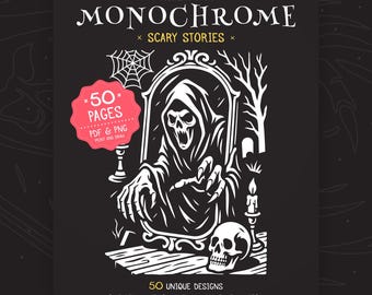 Monochrome Scary Stories Coloring Book | 50 Gothic Horror Pages (PDF & PNG)