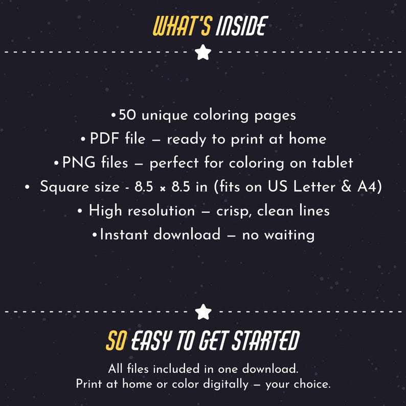 May include: A dark blue informational graphic with white text. The header reads WHAT'S INSIDE, followed by a list: 50 unique coloring pages, PDF file, PNG files, square size 8.5 x 8.5 in, high resolution, and instant download. SO EASY TO GET STARTED.
