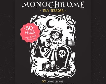 Tiny Terrors Monochrome Coloring Book | 50 Stress Relief One-Color Designs (PDF & PNG)