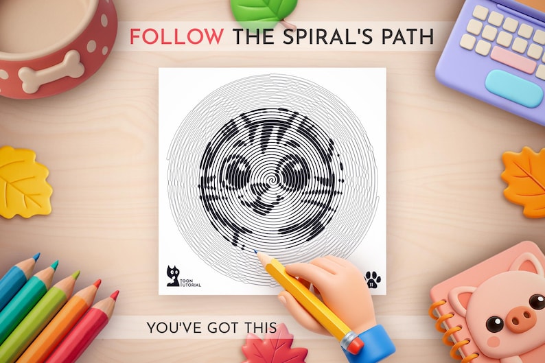 Peut inclure: Un dessin de visage de chat fait de cercles concentriques, avec le texte "FOLLOW THE SPIRAL'S PATH" et "YOU'VE GOT THIS". Une main tient un crayon jaune, et il y a des crayons de couleur, un bol rose et un bloc-notes avec un cochon sur une surface en bois.