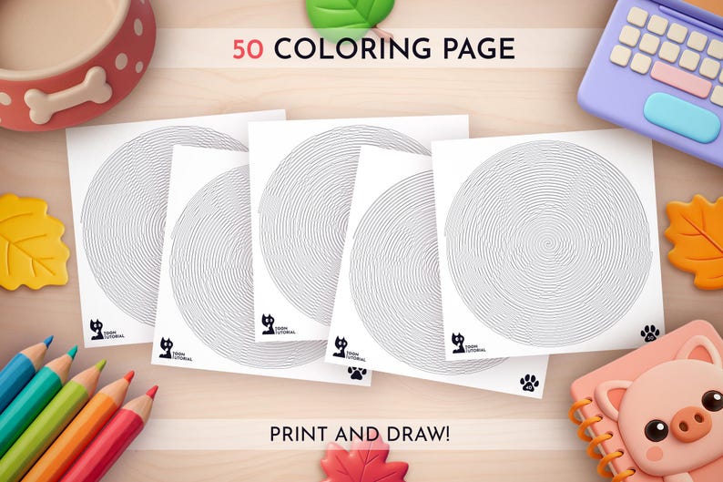 Peut inclure: Plusieurs pages &agrave; colorier avec un motif en spirale, accompagn&eacute;es de crayons de couleur, d'un ordinateur portable jouet et d'&eacute;l&eacute;ments d&eacute;coratifs. Le texte "50 COLORING PAGE" et "PRINT AND DRAW!" sont visibles. Th&egrave;me cr&eacute;atif et ludique.