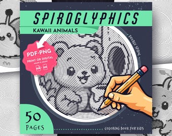 Spiroglyphics Kawaii Animals Coloring Book: 50 Hidden Spiral Pictures (PDF & PNG)