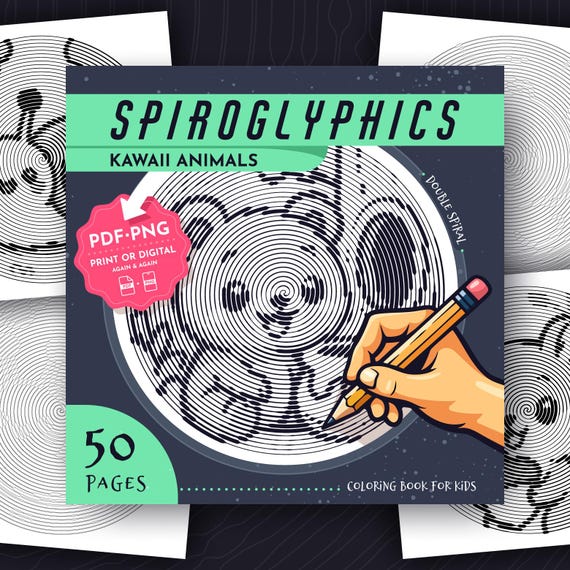 Spiroglyphics Kawaii Animals Coloring Book: 50 Hidden Spiral Pictures (PDF & PNG)