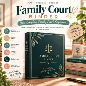 Peut inclure: Un classeur Family Court vert foncé avec des accents dorés, orné d'une icône de balance de justice et de feuilles. Le texte indique Family Court Binder, Organize Today for a Better Tomorrow, avec des catégories comme Legal Documents, Court Dates et Important Records. Une tasse avec le texte You Got This est posée à côté.