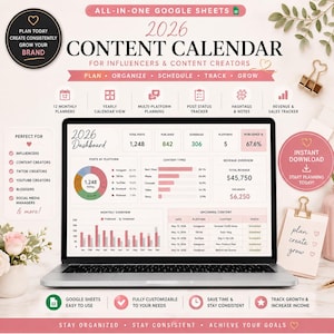 Könnte beinhalten: Ein 2026 Content-Kalender für Influencer und Content-Ersteller auf einem Laptop-Bildschirm. Das digitale Dashboard enthält einen 2026-Kalender, einen Status-Tracker für Beiträge, eine Umsatzübersicht und monatliche Diagramme in Rosa und Weiß.