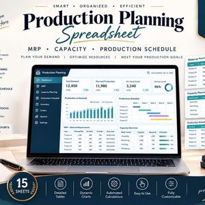 Peut inclure: Un écran d'ordinateur portable affichant un tableau de bord de planification de production avec des graphiques, des tableaux et des mesures. L'interface inclut des sections pour le MRP, la planification des capacités et les plannings de production.