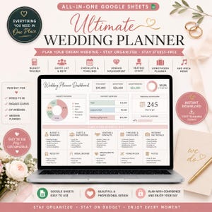 Peut inclure: Un modèle de planificateur de mariage numérique pour Google Sheets affiché sur un écran d'ordinateur portable. L'interface présente un tableau de bord avec des outils de suivi du budget, des paiements et un compte à rebours en rose et blanc.