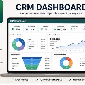 Peut inclure: Un écran d'ordinateur portable affichant un tableau de bord CRM avec des visualisations de données, notamment un graphique en anneau, un graphique linéaire pour les revenus et un entonnoir de pipeline de ventes avec des indicateurs clés.
