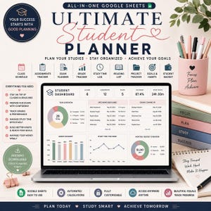 Peut inclure: Un planificateur étudiant numérique pour Google Sheets affiché sur un écran d'ordinateur portable, présentant un tableau de bord avec des suivis de tâches, de notes et de budget. L'ensemble inclut des icônes de planification et des carnets.