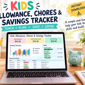 Könnte beinhalten: Ein digitaler Tracker für Taschengeld, Aufgaben und Ersparnisse für Kinder auf einem Laptop-Bildschirm. Die Benutzeroberfläche zeigt das gesamte Taschengeld, verdiente Aufgaben, Ersparnisse, ein monatliches Balkendiagramm sowie eine Aktivitätstabelle.